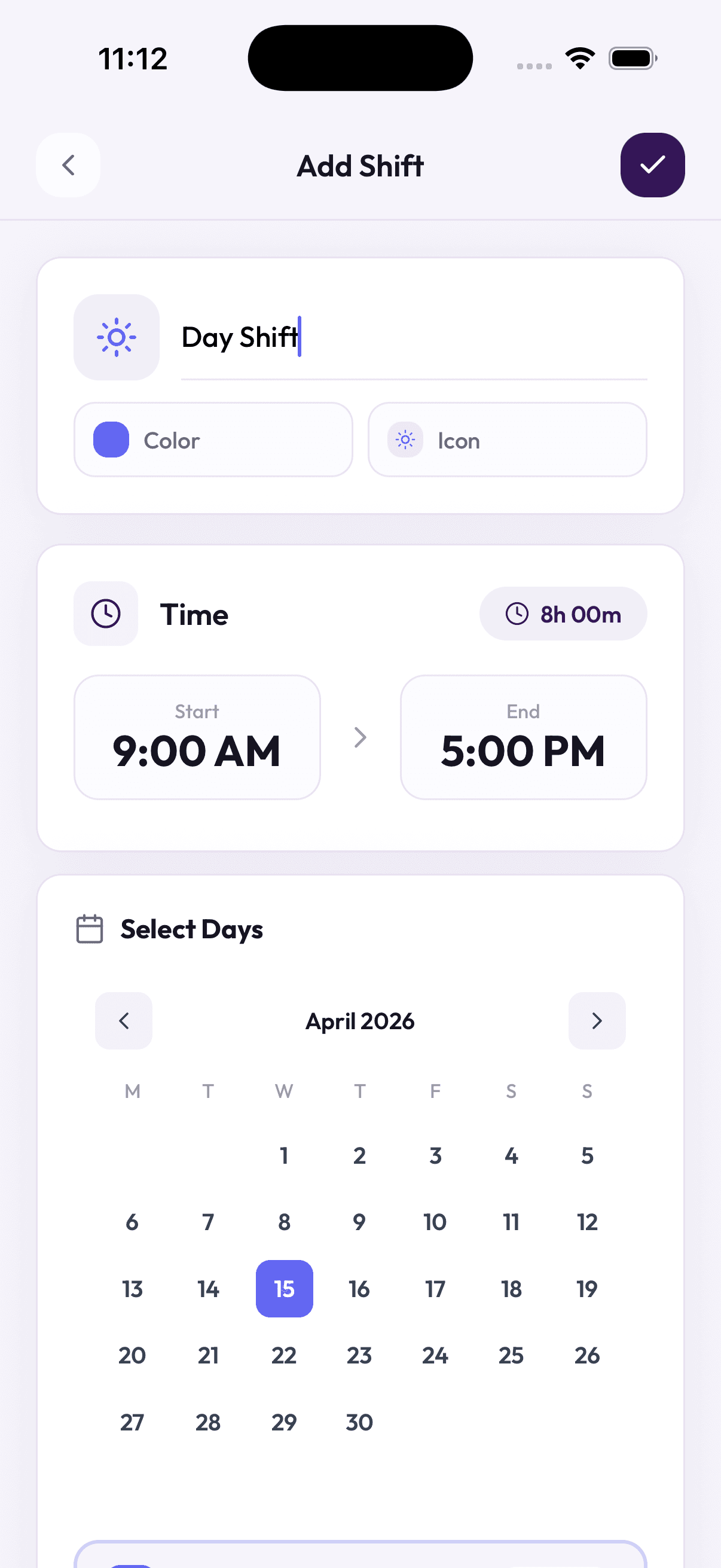 Add Shift screen with time picker and hourly rate