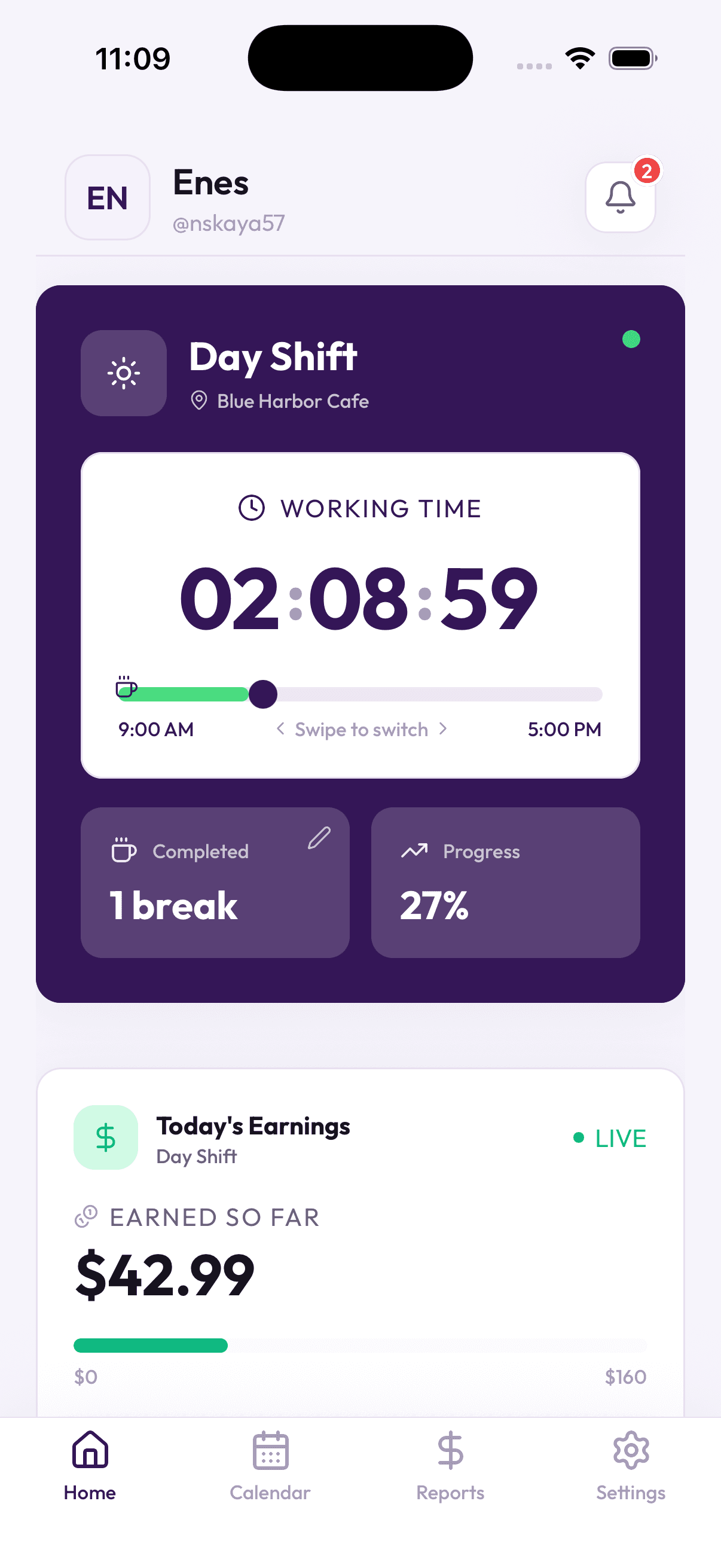 ShiftGo home screen showing an active shift with a live earnings counter