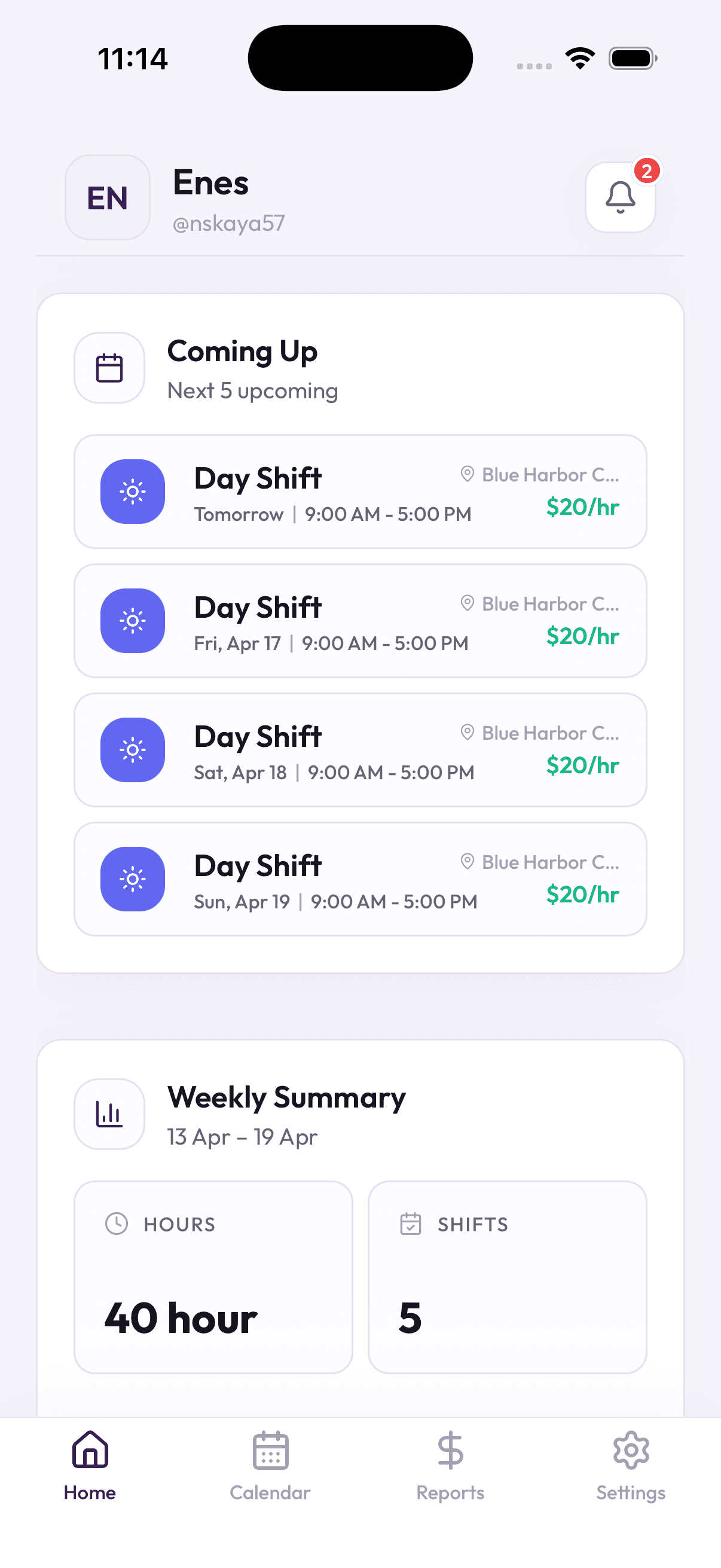 Home screen showing weekly earnings summary