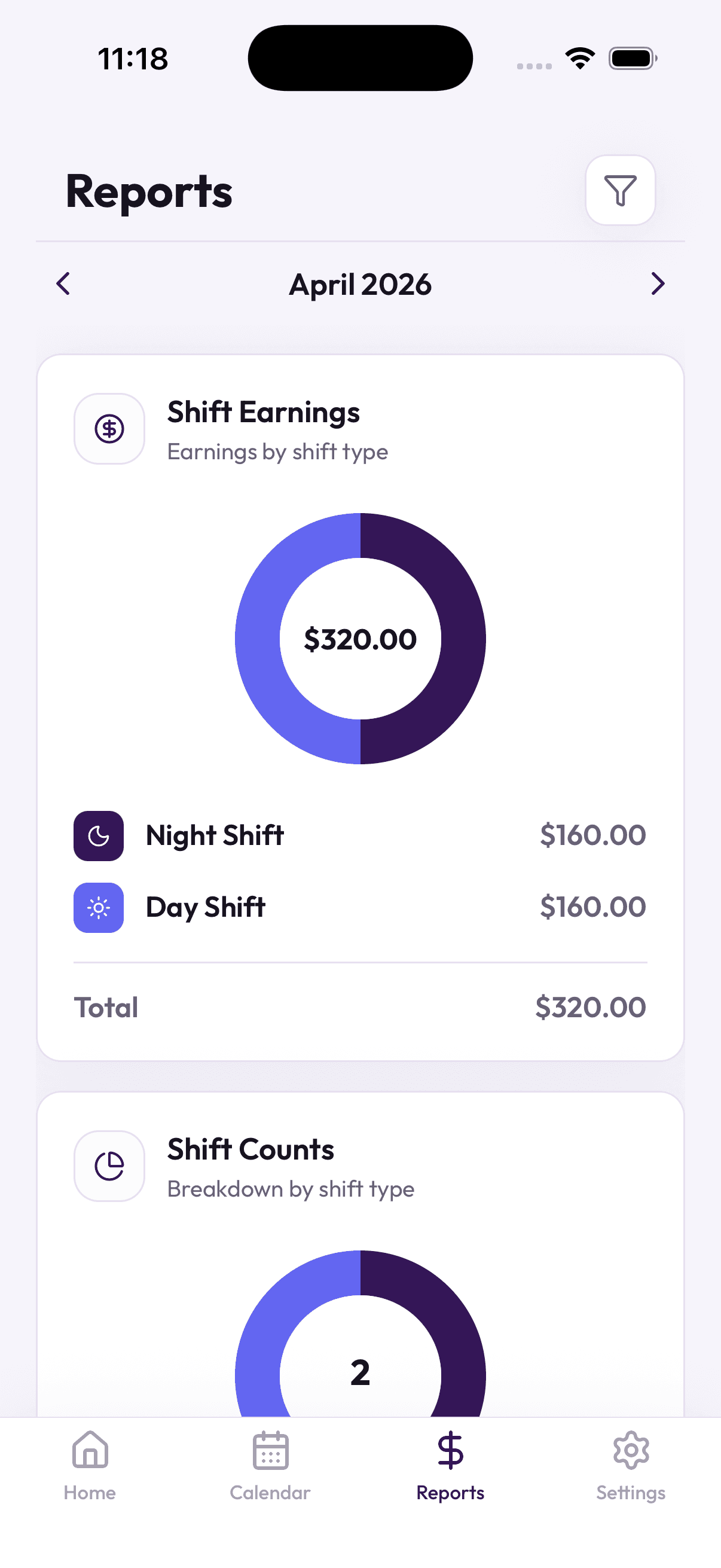 Reports screen with monthly earnings breakdown
